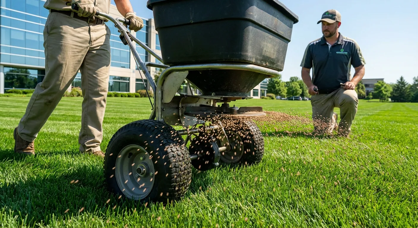 Professional fertilizer application on commercial office park turf in Spokane Valley, WA
