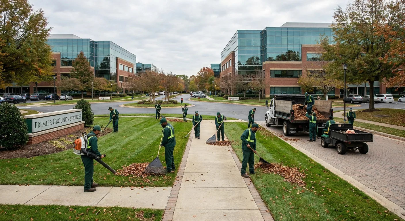 Professional grounds cleanup crew removing debris and leaves from commercial office park in Spokane Valley
