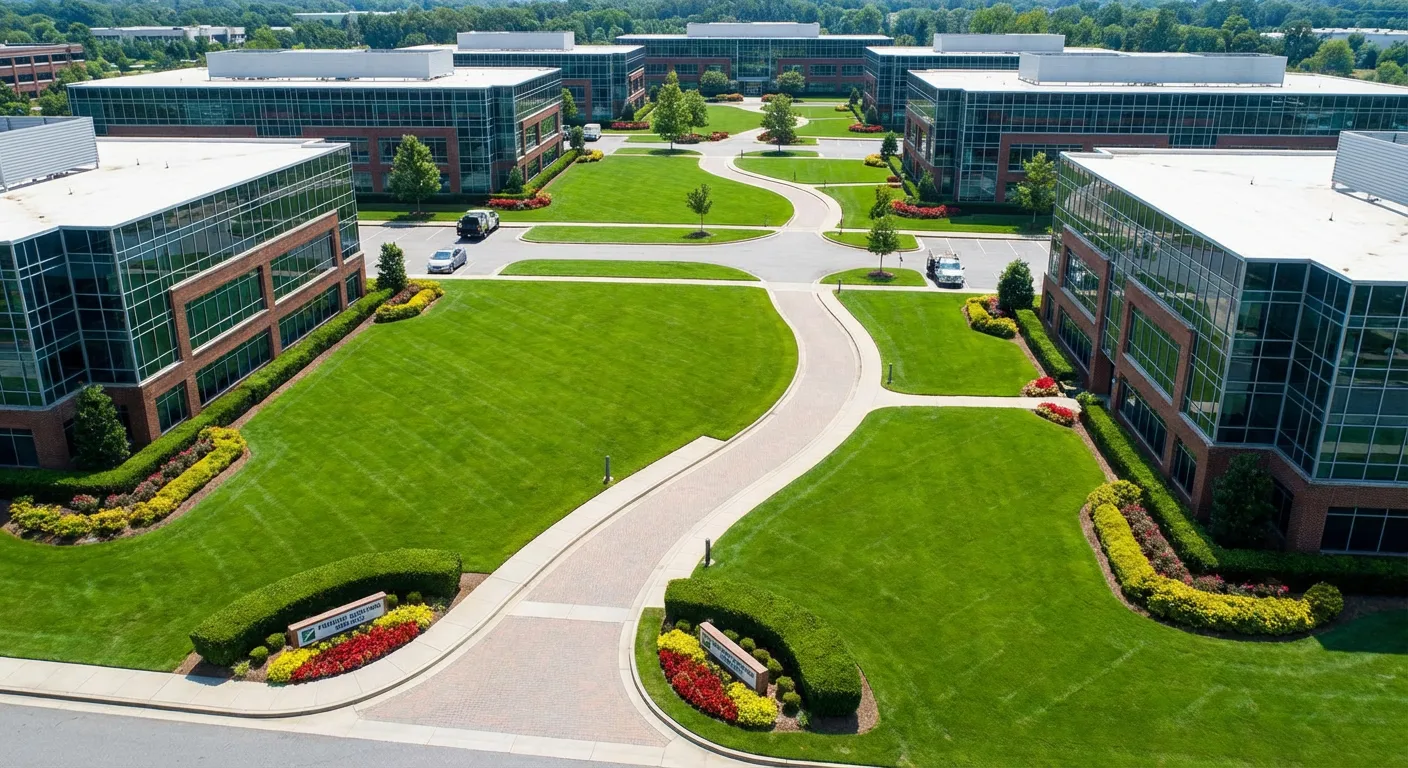 Well-maintained commercial office park with professional landscaping in Spokane Valley, WA