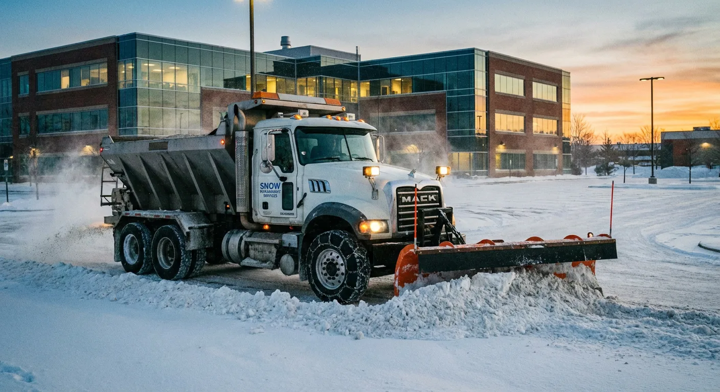 Commercial plow truck clearing snow from a large parking lot in Spokane Valley, WA