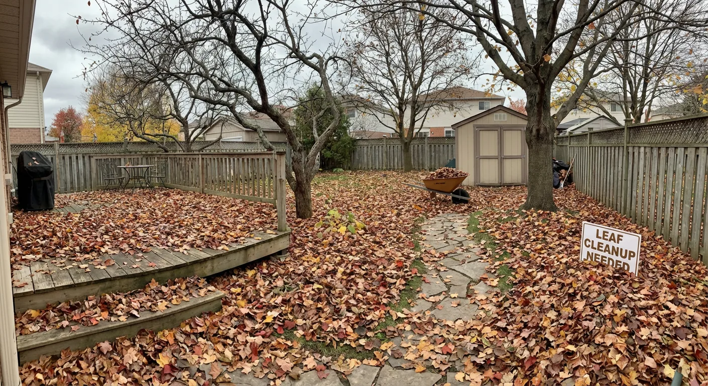 Residential yard covered in fallen autumn leaves ready for professional fall leaf cleanup in Spokane Valley