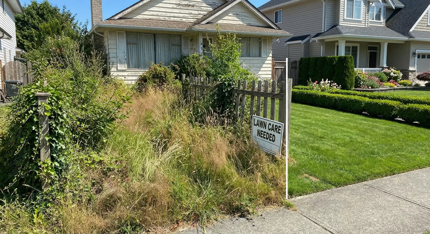 Overgrown residential yard in need of professional cleanup in Spokane Valley