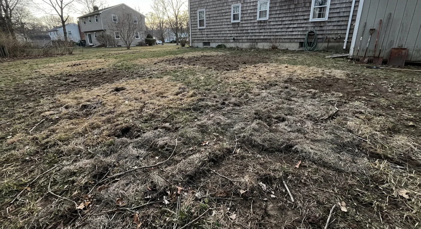 Residential lawn showing winter damage and debris ready for professional spring cleanup in Spokane Valley
